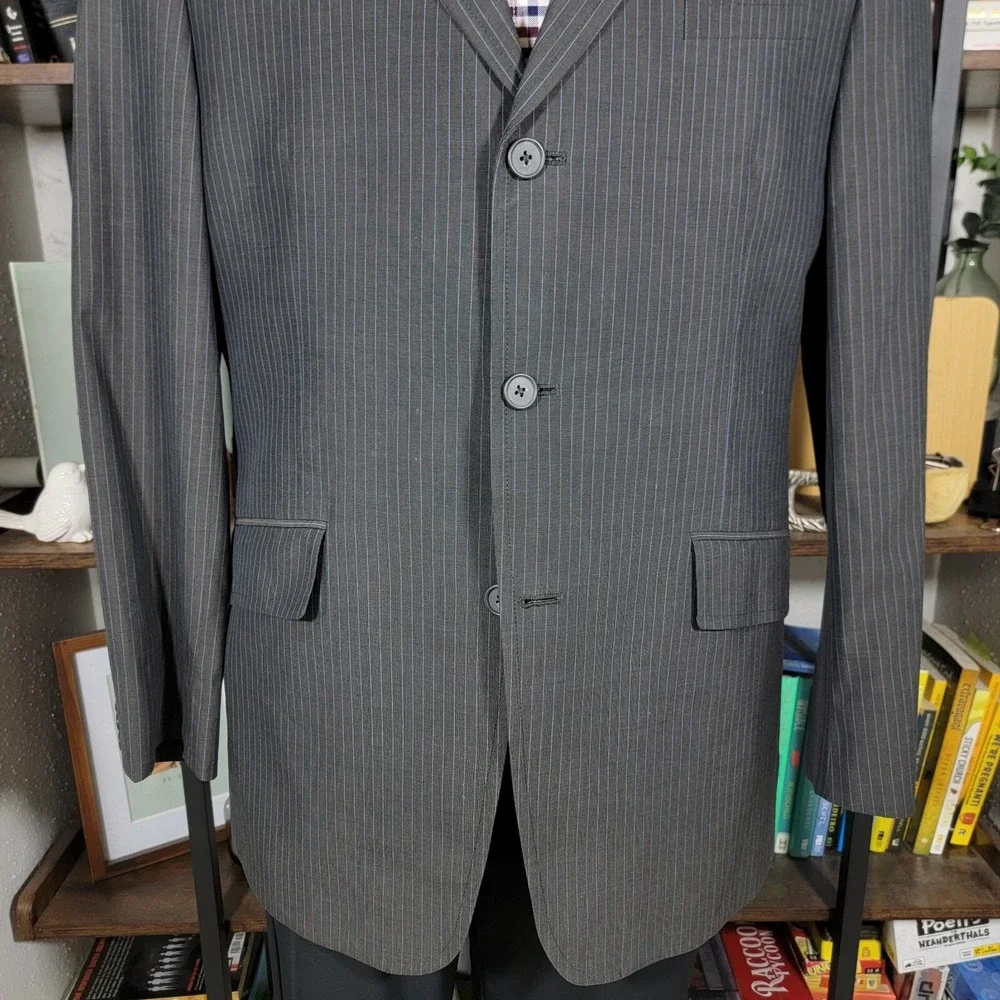 Banana Republic Men's 2PC Sport Coat Pants Gray Striped Cotton Size 44R‎ 36x29